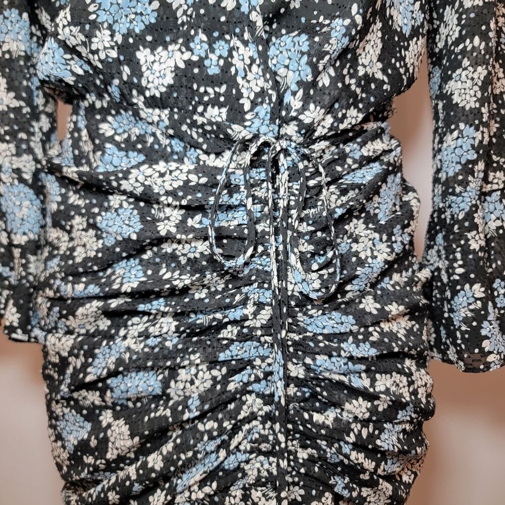VERONICA BEARD Sean Silk Mini Dress Sz 2 Blue Black Floral Bell Sleeve Sheer - Picture 5 of 12